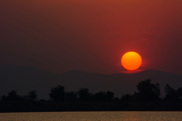 Sunset at the moutain,silhouette trees in foreground.