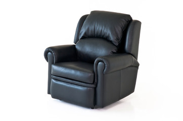 Black reclining leather chair on white background