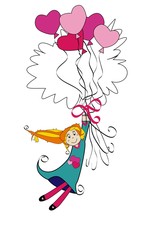 Niña volando con globos.