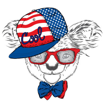 Cute koala in a cap and a tie. Koala vector. Greeting card with bear. Australia. America, USA. Koala wearing glasses.