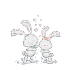 Cute hare in the vector. Leverets couple on a date . Greeting card with bunnies .