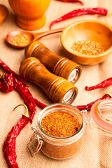 Chili pepper and wooden mill