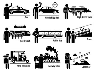 Land Public Transportation Vehicles and People Set - Taxi, Mobile Ride Hail, High Speed Train, Rail Transit, Public Bus, Tram, Auto Rickshaw, Railway Train, and Cable Car