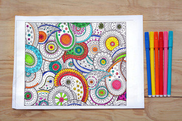 Coloring page with coloring in pens