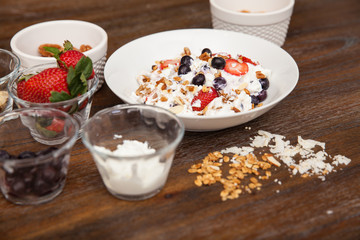 Bowl of yogurt served with many toppings