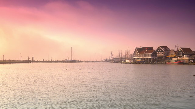 Harbour at sunset. Volendam, The Netherlands 4K