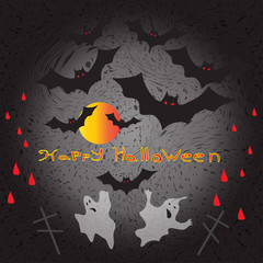 Halloween ghosts and flying against the backdrop of the moon vector illustration