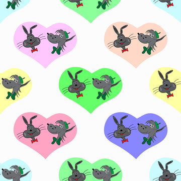 hare and a wolf in colored hearts Valentines Day seamless vector pattern