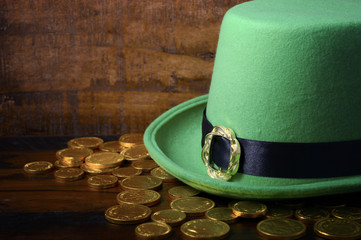St Patricks Day hat and gold coins.