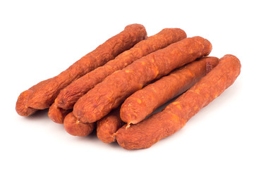 Smoked sausages on white background