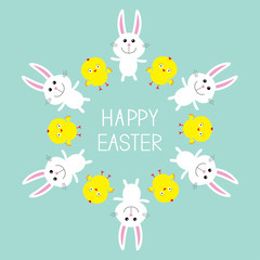 Obraz na płótnie Canvas Cute bunny rabbit and chicken frame. Happy Easter. Flat design.