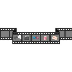 Film strip icon set. Popcorn, clapper board, 3D glasses, ticket, projector. Cinema movie night.  White background. Isolated. Flat design style.