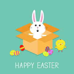 Happy Easter. Cute bunny rabbit, chicken and eggs. Paper cardboard package gift box. Flat design.