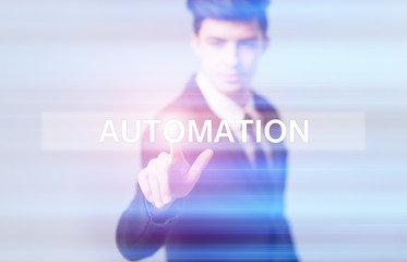 businessman pressing button on virtual screens