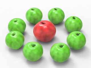 leadership concept with 3d rendering red apple  among green apples