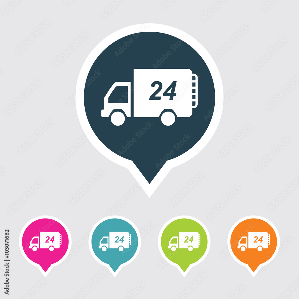 Poster very useful editable 24 hour delivery van icon on different colored pointer shape. eps-10.