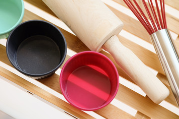Cup and Equipment bakery in a wooden tray.