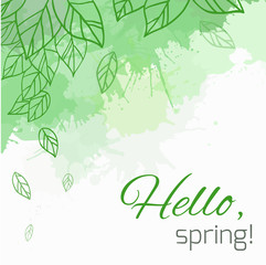 Spring vector card with doodle leaves and green splashes
