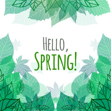 Spring vector card with doodle and green leaves for postcard, flyers, brochures and your business