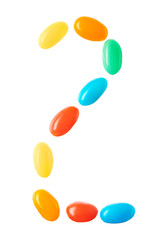 2 number made of multicolored candies isolated on white