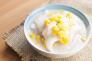 Thai dessert ,sweet corns in coconut milk prepare for serving after lunch.