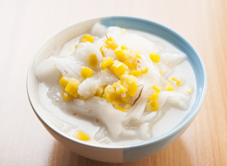 Thai dessert ,sweet corns in coconut milk prepare for serving after lunch.