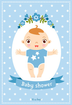 Baby shower invitation card. Cute vector illustration with sweet baby boy.