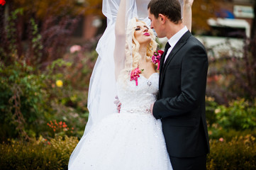 Amazing wedding couple under veil in love background autumn park