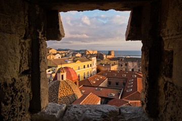 Panoramic view of Cagliari downtown at sunset in Sardinia, Italy - obrazy, fototapety, plakaty