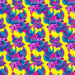 Fototapeta na wymiar psychedelic abstract flowers on a yellow background seamless pattern vector illustration