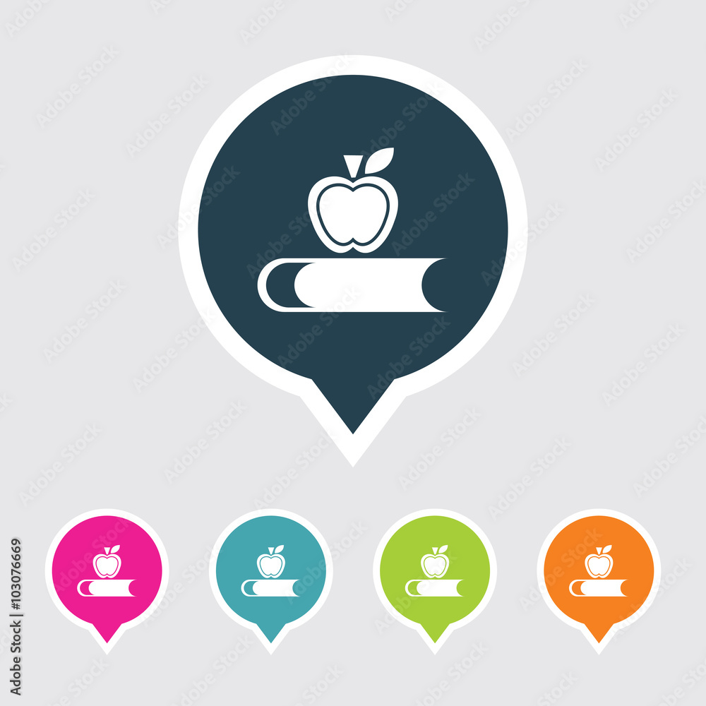 Poster very useful editable book & apple icon on different colored pointer shape. eps-10.