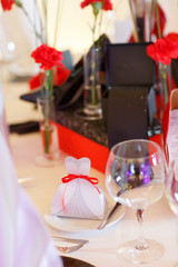 Elegant table set in red black white for wedding 