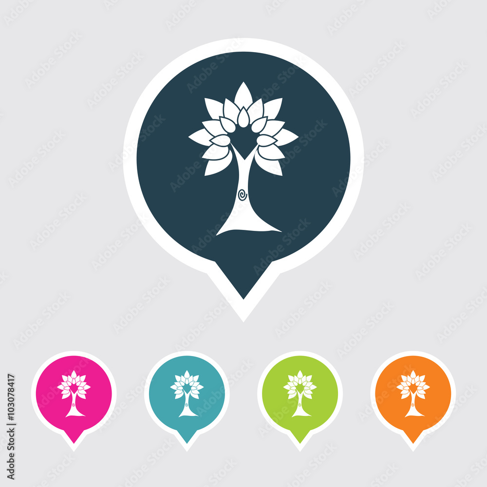 Poster very useful editable tree icon on different colored pointer shape. eps-10.