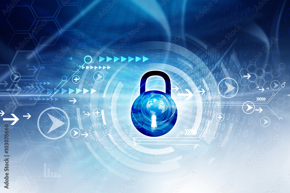 Poster internet security. pad lock on digital tech background