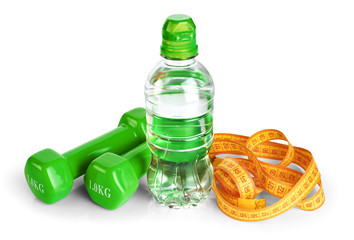 Dumbbells, tape measure and water bottle isolated on white backg