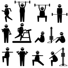 fat man doing various exercise and loosing weight icon symbol pictogram vector sign