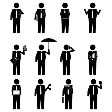 Fat man business man holding various item icon vector sign symbol pictogram
