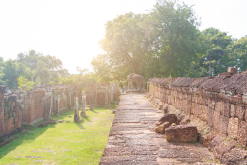 The sun shines in the Eastern Mebon temple at Angkor wat complex, this temple has four stone elephants at the corners, Siem Reap, Cambodia