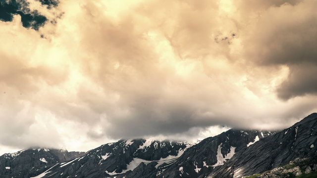 4K Timelapse. Most clouded sky high above the mountains in Sairamsu, Kazakhstan
