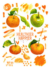 Watercolor poster with tangerines, green apple 