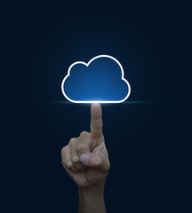 Hand click on cloud icon with copy space on blue background, Clo