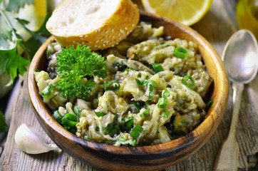 Eggplant salad with olive oil,herb and garlic.