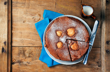 chocolate cake with pears and creme fraiche