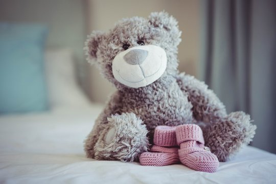 View of teddy bear and baby socks