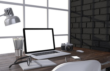 3D illustration laptop and work stuff on table near brick wall, Workspace