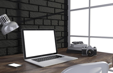 Fototapeta premium 3D illustration laptop and work stuff on table near brick wall, Workspace