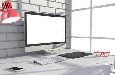 Fototapeta premium 3D illustration PC screen on table in office, Workspace
