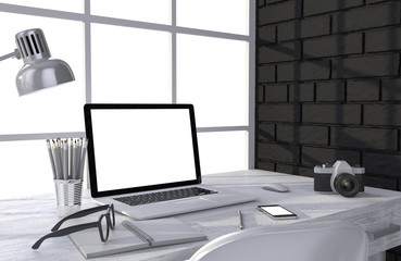 3D illustration laptop and work stuff on table near brick wall, Workspace