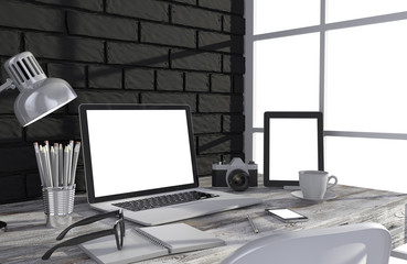 3D illustration laptop and work stuff on table near brick wall, Workspace