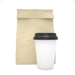 Coffee to go and lunch bag, on white.